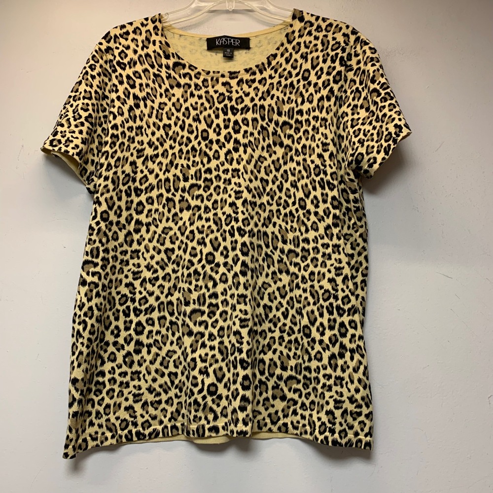 Kasper Knit Top Women 18 Tan Leopard Excellent Silk Blend Short Sleeve